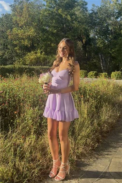 Ruffle Straps Lilac Ruched A-line Short Dress