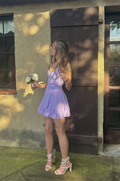 Ruffle Straps Lilac Ruched A-line Short Dress