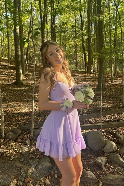 Ruffle Straps Lilac Ruched A-line Short Dress