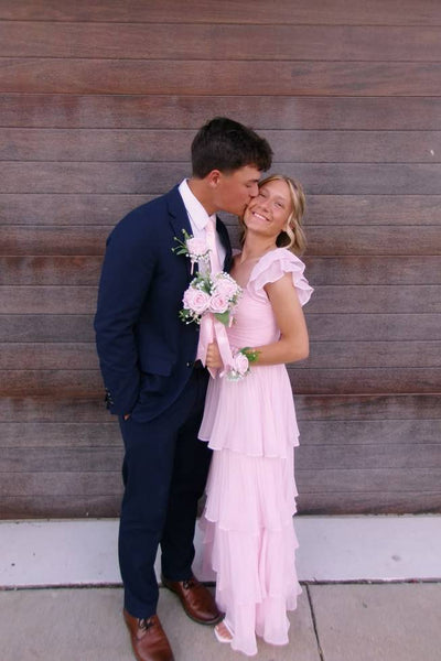 Ruffle Straps Pink Pleated Tiered Long Dress