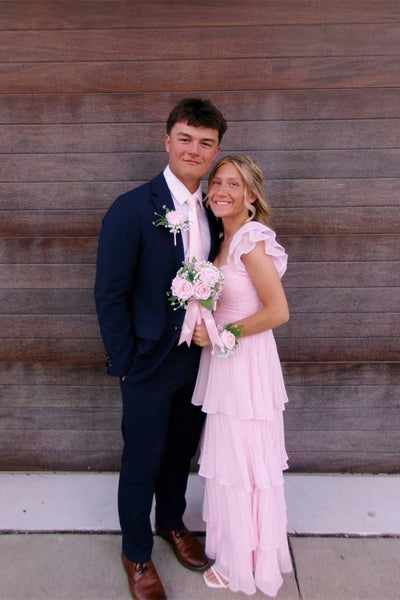 Ruffle Straps Pink Pleated Tiered Long Dress