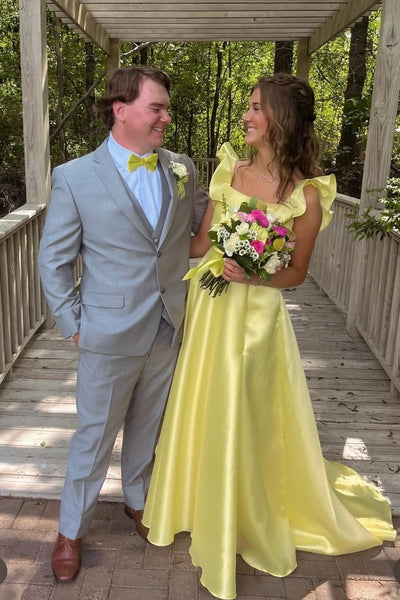 Ruffle Straps Yellow Back Tie A-line Long Dress
