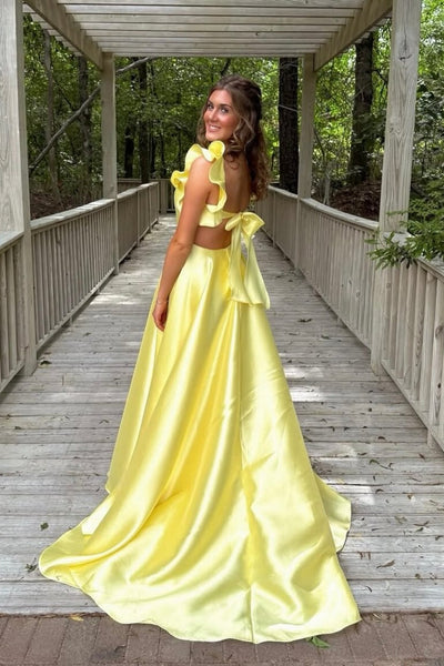 Ruffle Straps Yellow Back Tie A-line Long Dress