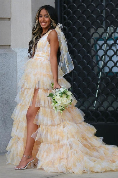 Fairy A Line V-Neck Coral Floral Print Layered Tulle Long Prom Dress with Slit