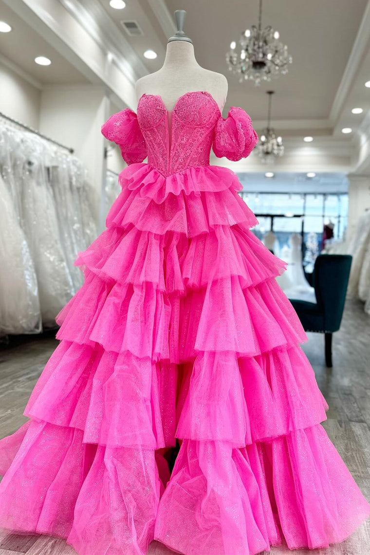 Gorgeous Ball Gown Sweetheart Hot Pink Tiered Organza Prom Gown