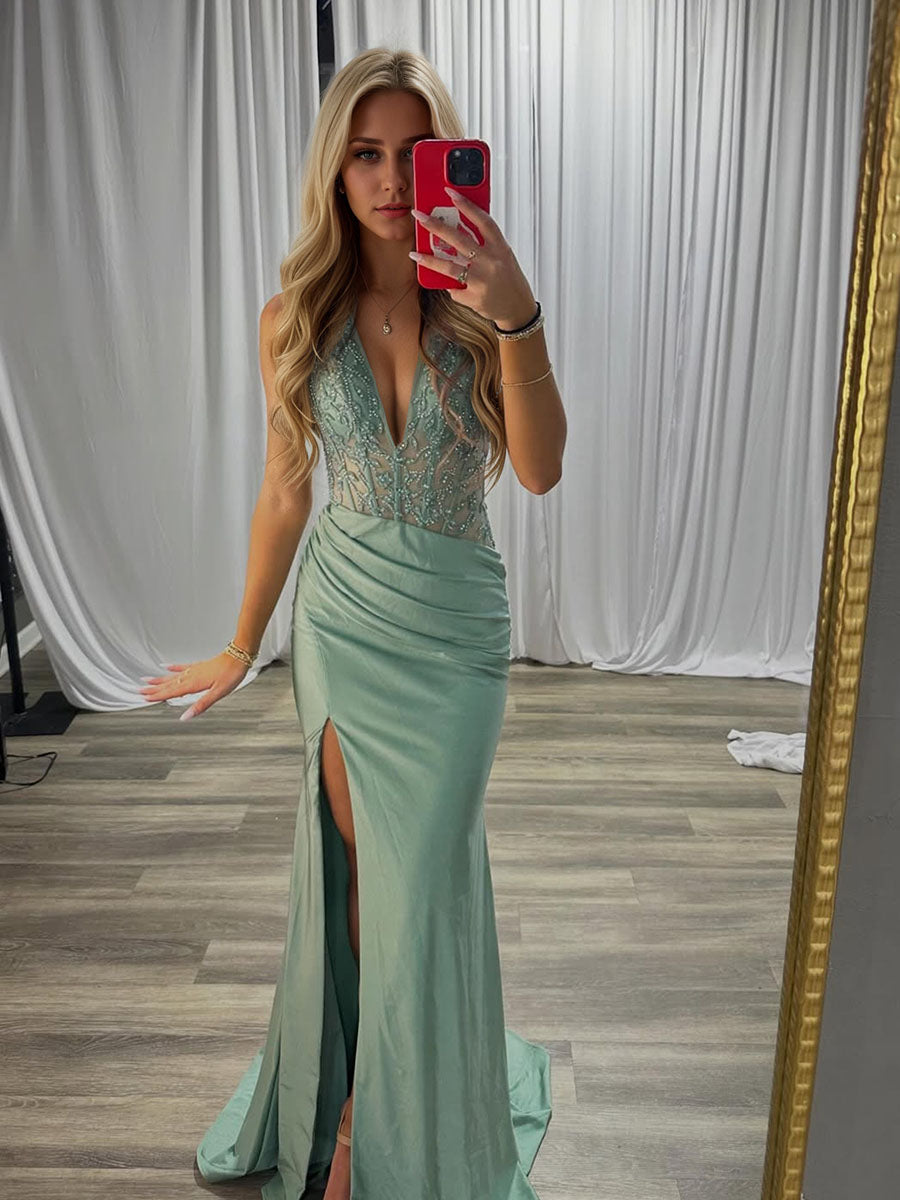 Sage Green Beaded Bodice Satin Slit Prom Dresses – Vickidress