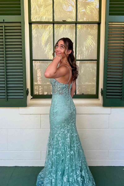 Sage Green Lace Appliques Mermaid Long Dress