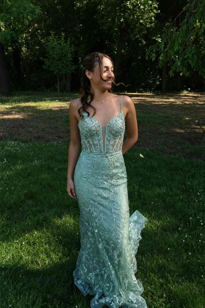 Sage Green Lace Appliques Mermaid Long Dress
