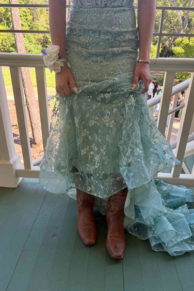 Sage Green Lace Appliques Mermaid Long Dress
