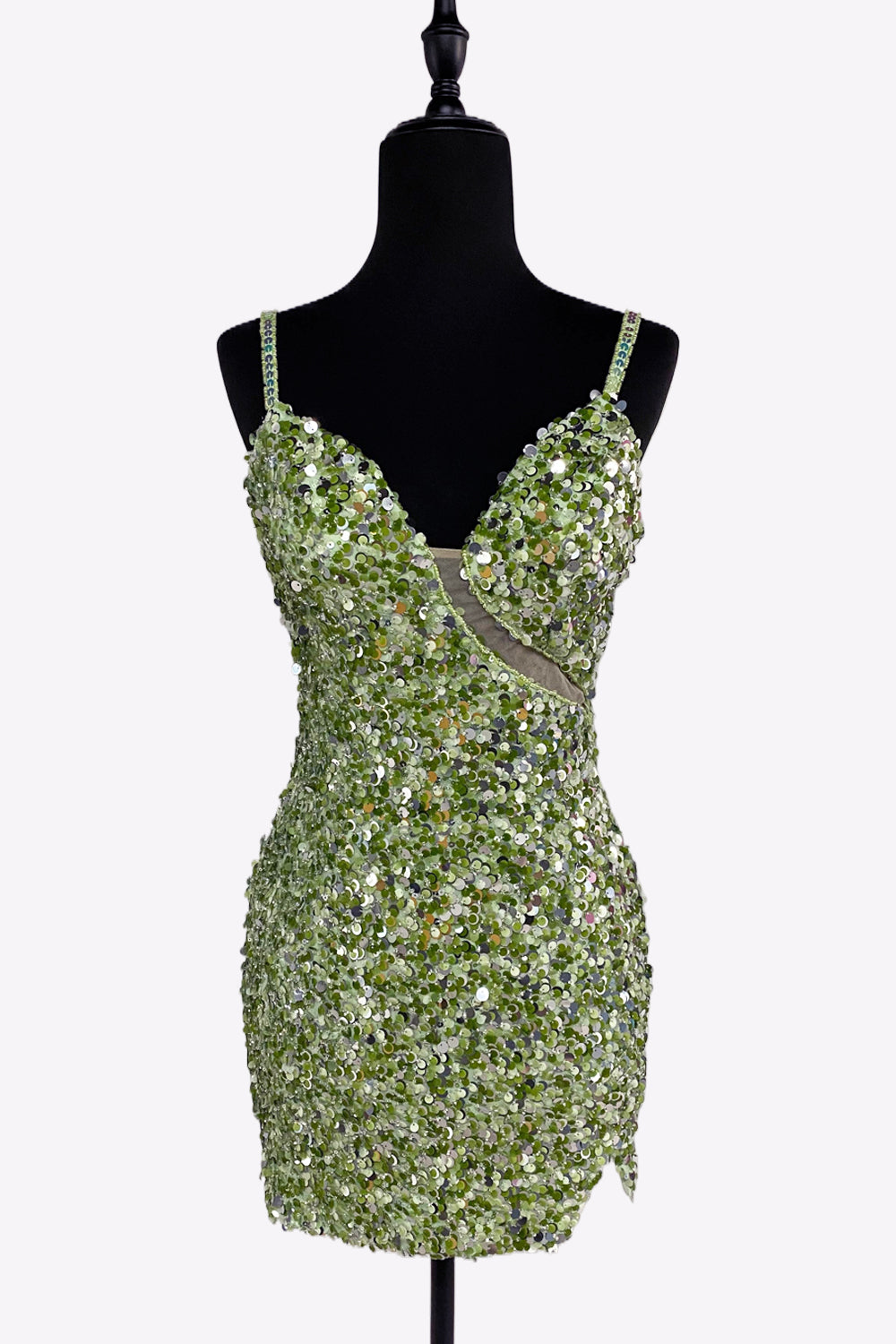 Sage Green V Neck Sequins Short Tight Homecoming Dresses with Slit VK081404