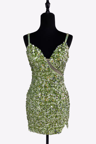 Sage Green V Neck Sequins Short Tight Homecoming Dresses with Slit VK081404