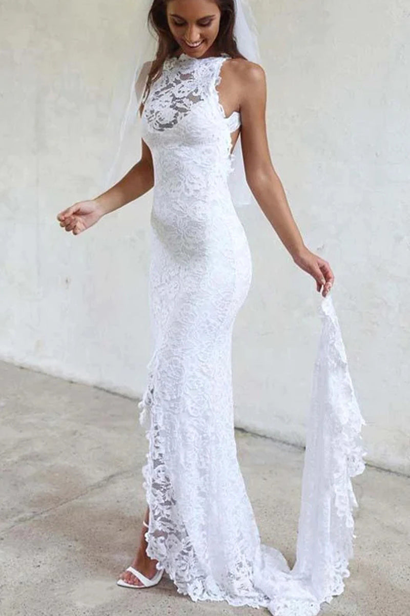 Sexy Mermaid Jewel Lace Backless Wedding Dresses With Court Train,Beach Wedding Dress VK0302003-1