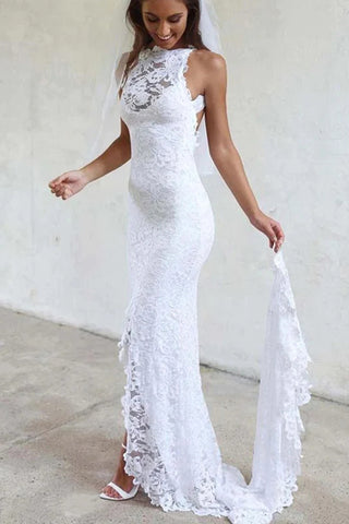 Sexy Mermaid Jewel Lace Backless Wedding Dresses With Court Train,Beach Wedding Dress VK0302003-1