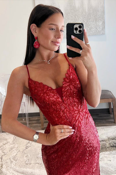 Sexy Mermaid V Neck Red Sequins Long Prom Dresses with Slit VK23122701