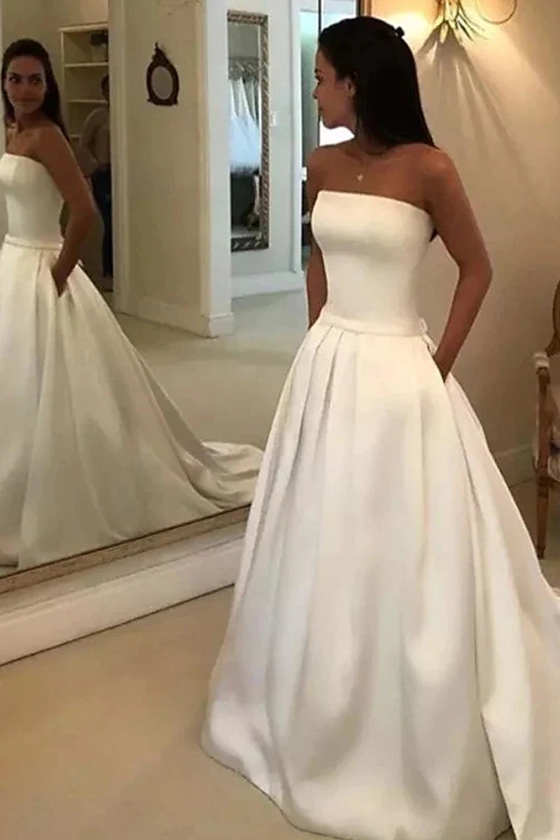 Simple A-Line Strapless Satin Wedding Dresses with Pockets VK0330004