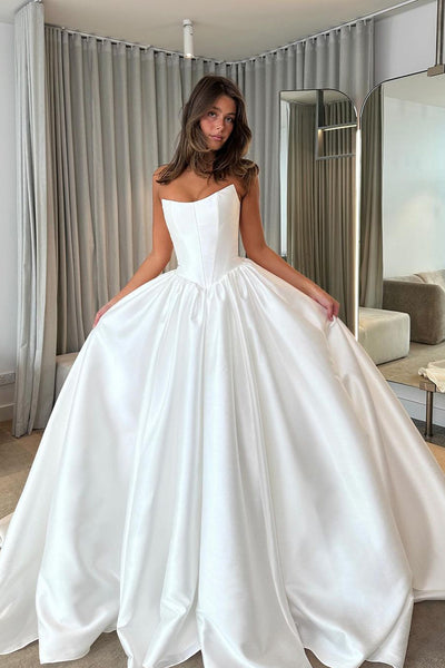 Simple Ball Gown Strapless White Satin Wedding Dresses VK24051203