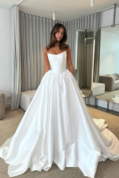 Simple Ball Gown Strapless White Satin Wedding Dresses VK24051203