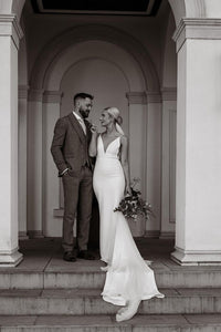 Simple Deep V Neck Soft Satin Mermaid Wedding Dresses VK24031101
