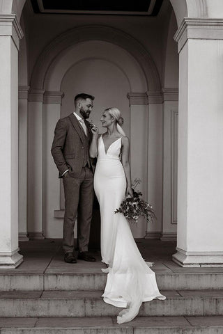 Simple Deep V Neck Soft Satin Mermaid Wedding Dresses VK24031101