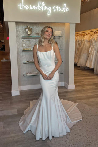 Simple Mermaid Scoop Neck Backless Satin Wedding Dresses VK24051201