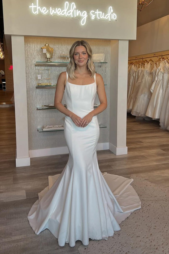 Simple Mermaid Scoop Neck Backless Satin Wedding Dresses VK24051201 –  Vickidress