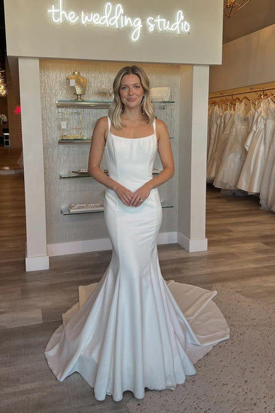 Simple Mermaid Scoop Neck Backless Satin Wedding Dresses VK24051201