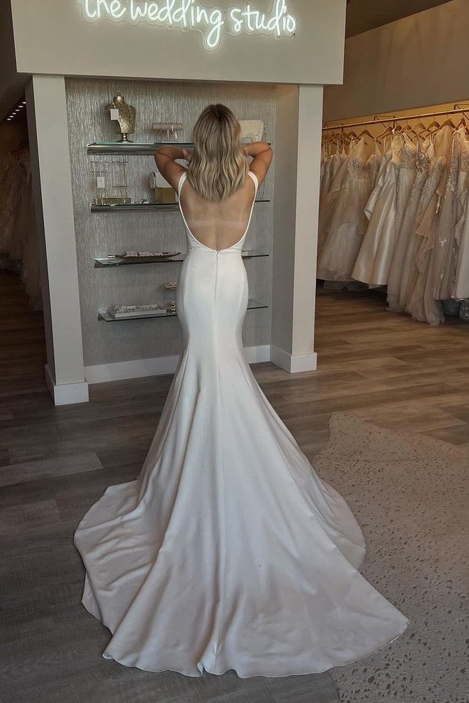Simple Mermaid Scoop Neck Backless Satin Wedding Dresses VK24051201 –  Vickidress