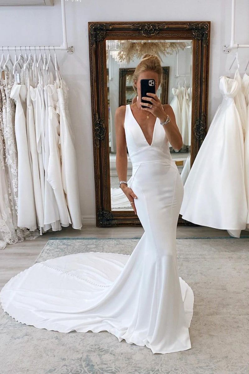 Simple Mermaid V Neck Satin Wedding Dresses VK24020701