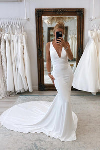 Simple Mermaid V Neck Satin Wedding Dresses VK24020701