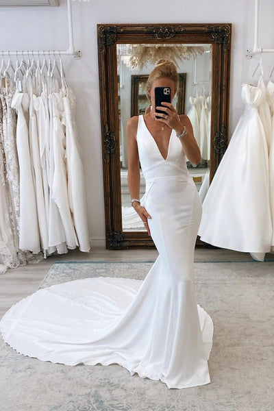 Simple Mermaid V Neck Satin Wedding Dresses VK24020701