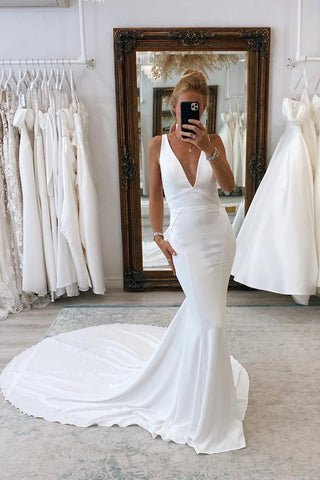 Simple Mermaid V Neck Satin Wedding Dresses VK24020701