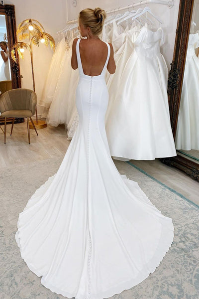 Simple Mermaid V Neck Satin Wedding Dresses VK24020701