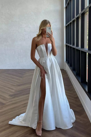 Simple Strapless White Satin A-Line Wedding Dresses with Slit VK24090903
