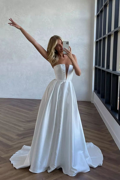Simple Strapless White Satin A-Line Wedding Dresses with Slit VK24090903