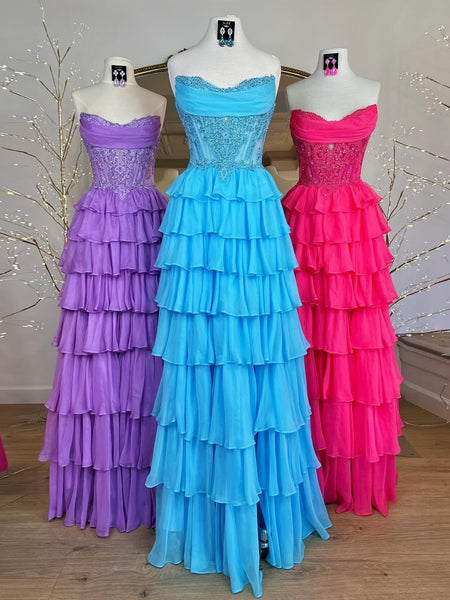 Sky Blue Beaded Corset Tiered Ruffle Long Prom Dress