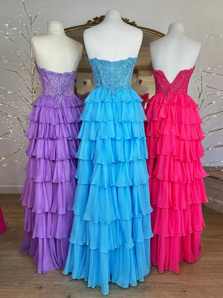 Sky Blue Beaded Corset Tiered Ruffle Long Prom Dress
