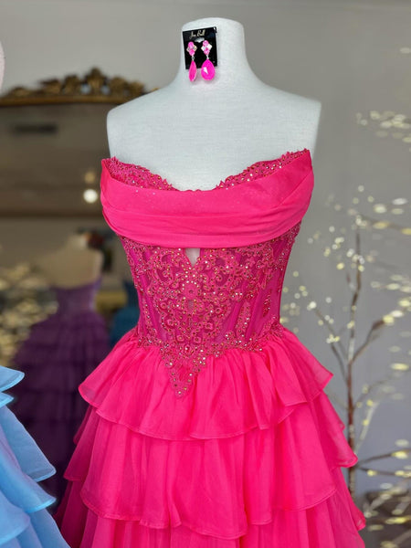 Sky Blue Beaded Corset Tiered Ruffle Long Prom Dress