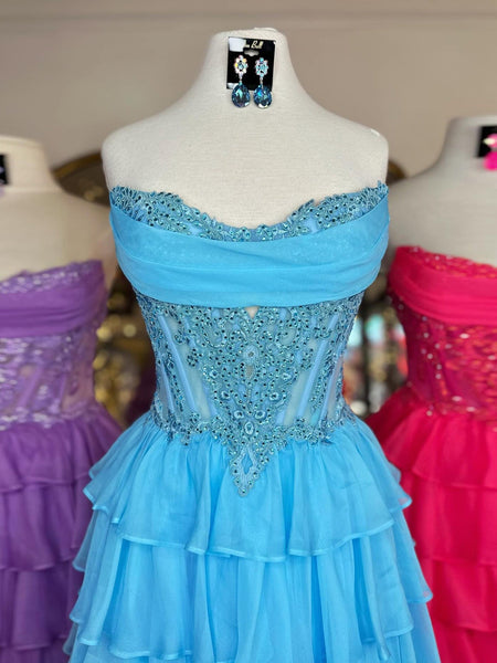 Sky Blue Beaded Corset Tiered Ruffle Long Prom Dress
