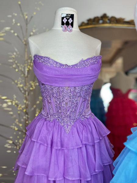 Sky Blue Beaded Corset Tiered Ruffle Long Prom Dress