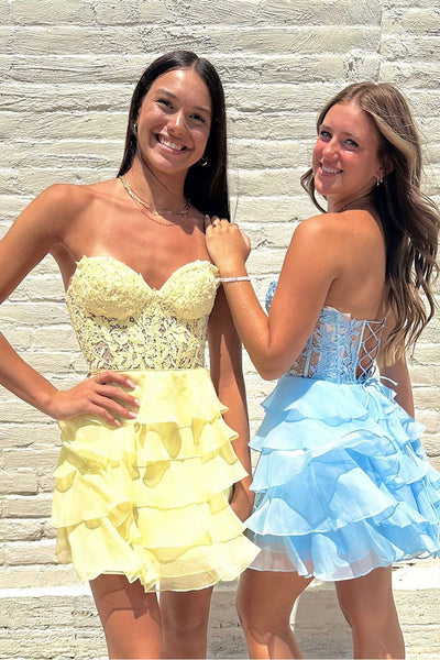 Sky Blue Sweetheart Ruffle Tiered Chiffon A-Line Homecoming Dresses VK24081320