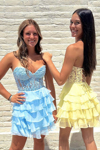 Sky Blue Sweetheart Ruffle Tiered Chiffon A-Line Homecoming Dresses VK24081320