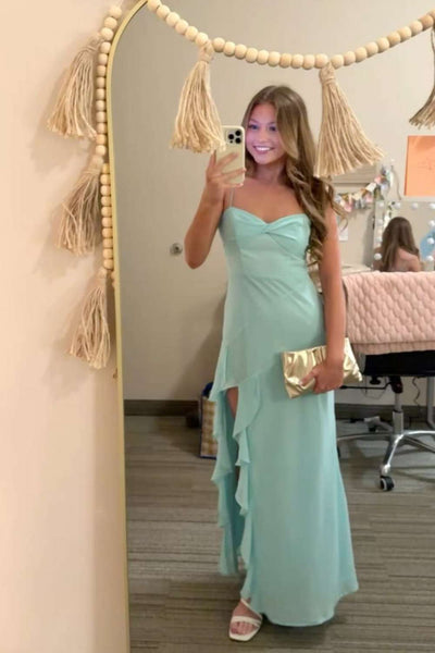 Spaghetti Straps Aqua Frill Maxi Dress with Slit