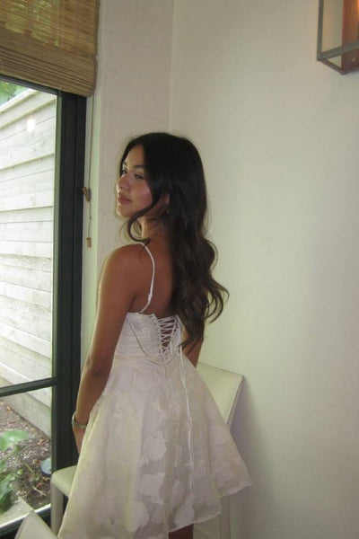 Spaghetti Straps Ivory Floral A-line Short Dress
