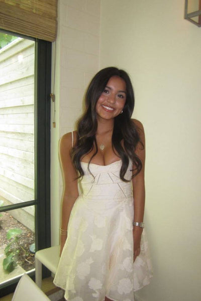 Spaghetti Straps Ivory Floral A-line Short Dress