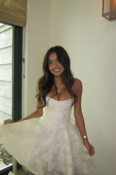 Spaghetti Straps Ivory Floral A-line Short Dress