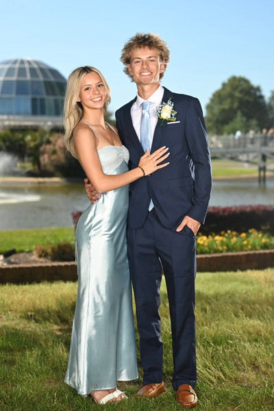 Spaghetti Straps Light Blue Sequin Bust Long Dress