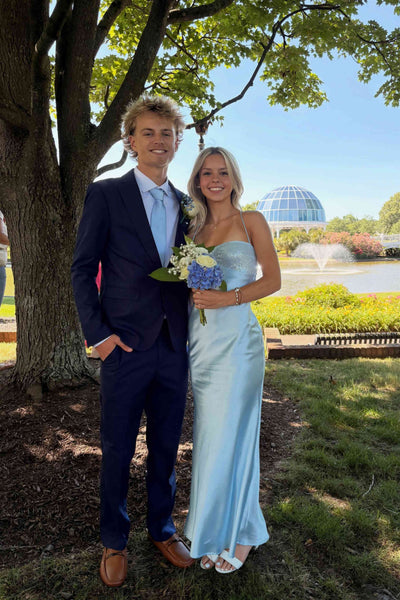 Spaghetti Straps Light Blue Sequin Bust Long Dress