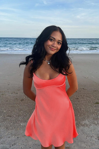 Spaghetti Straps Orange A-line Satin Short Dress