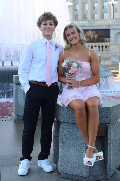 Spaghetti Straps Pink Sequin A-line Short Dress