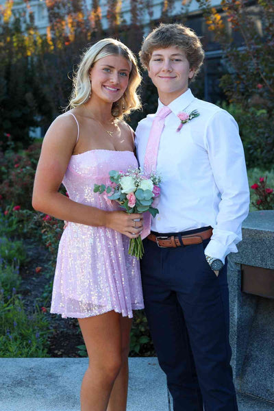Spaghetti Straps Pink Sequin A-line Short Dress